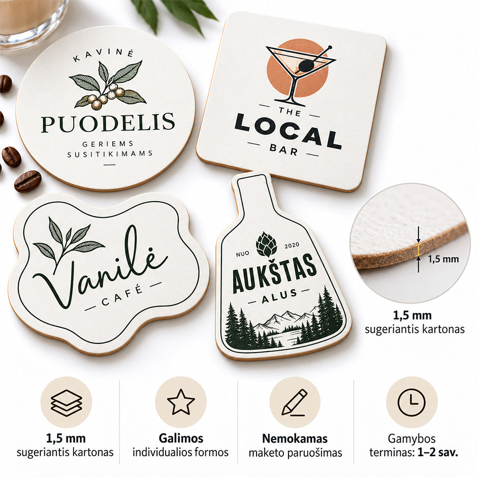 Personalizuoti gėrimų padėkliukai su logotipu – Coasteriai