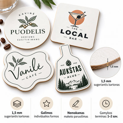Personalizuoti gėrimų padėkliukai su logotipu – Coasteriai